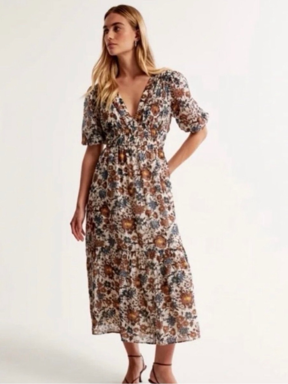 Abercrombie & Fitch Floral V-Neck Midi Dress in Brown and Blue